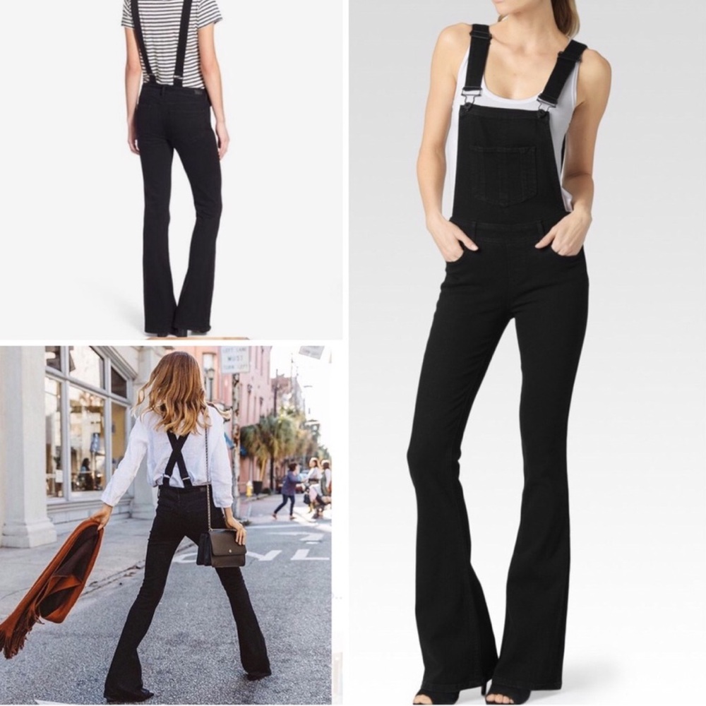Paige Tavie Flare Denim Overalls Raven Black Mid Rise Stretch Jeans 28 NWT